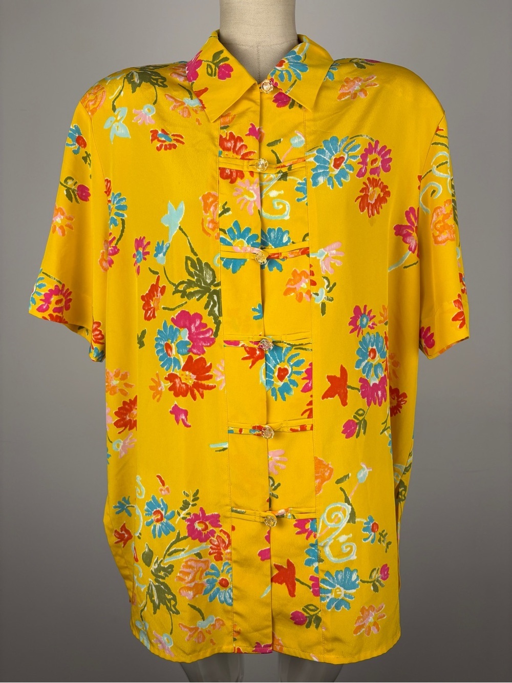 Vintage Le Canari Silk Yellow Floral Blouse UK 14 Retro Chinoiserie